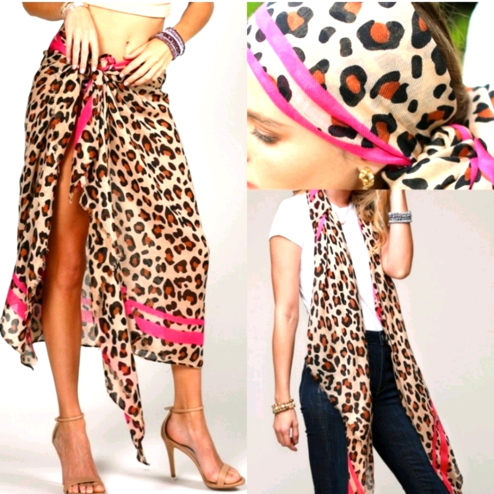 Leopard print scarf/sarong with pink stripes